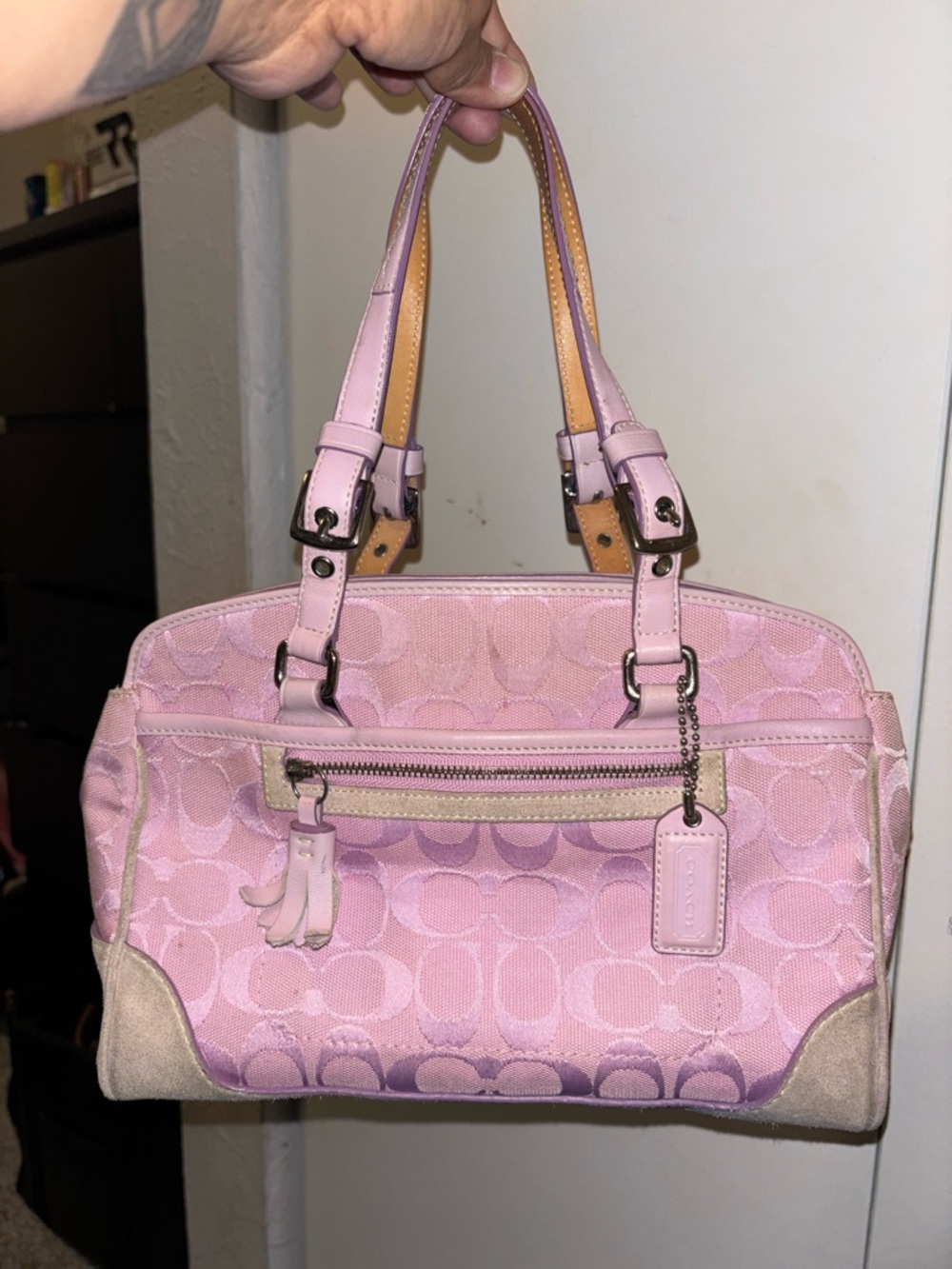 Coach Pink Signature Canvas Shoulder Bag with Leather Trim